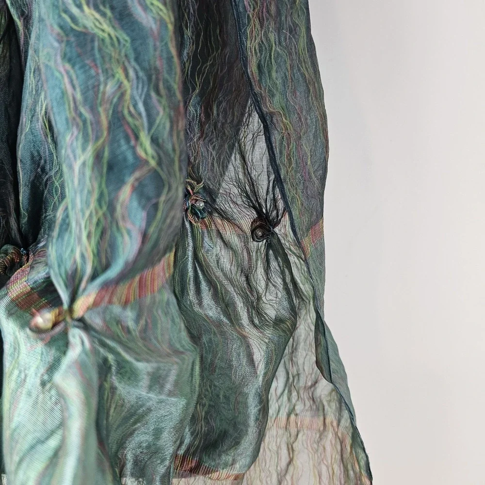 Green Shawl Scarf Lagenlook Festival Boho Artsy Art to Wear Irridescent Sheer‎